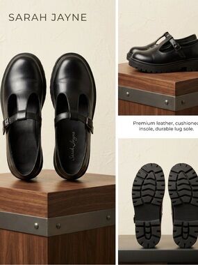 Sarah Jayne Black Leather Girls' T-Strap Mary Jane Shoes